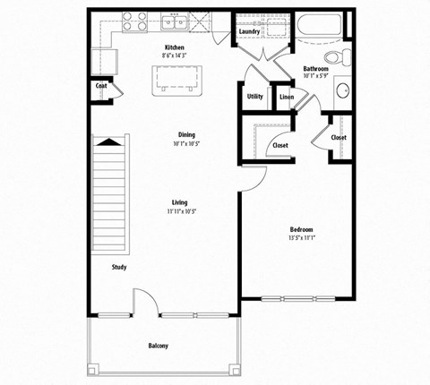 Floor plan for 1 bed, 1 bath, 857 sqft